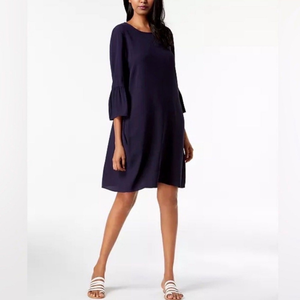 Eileen Fisher Navy Blue 100% Silk Bell Sleeve Shift Dress XL Minimalist Office